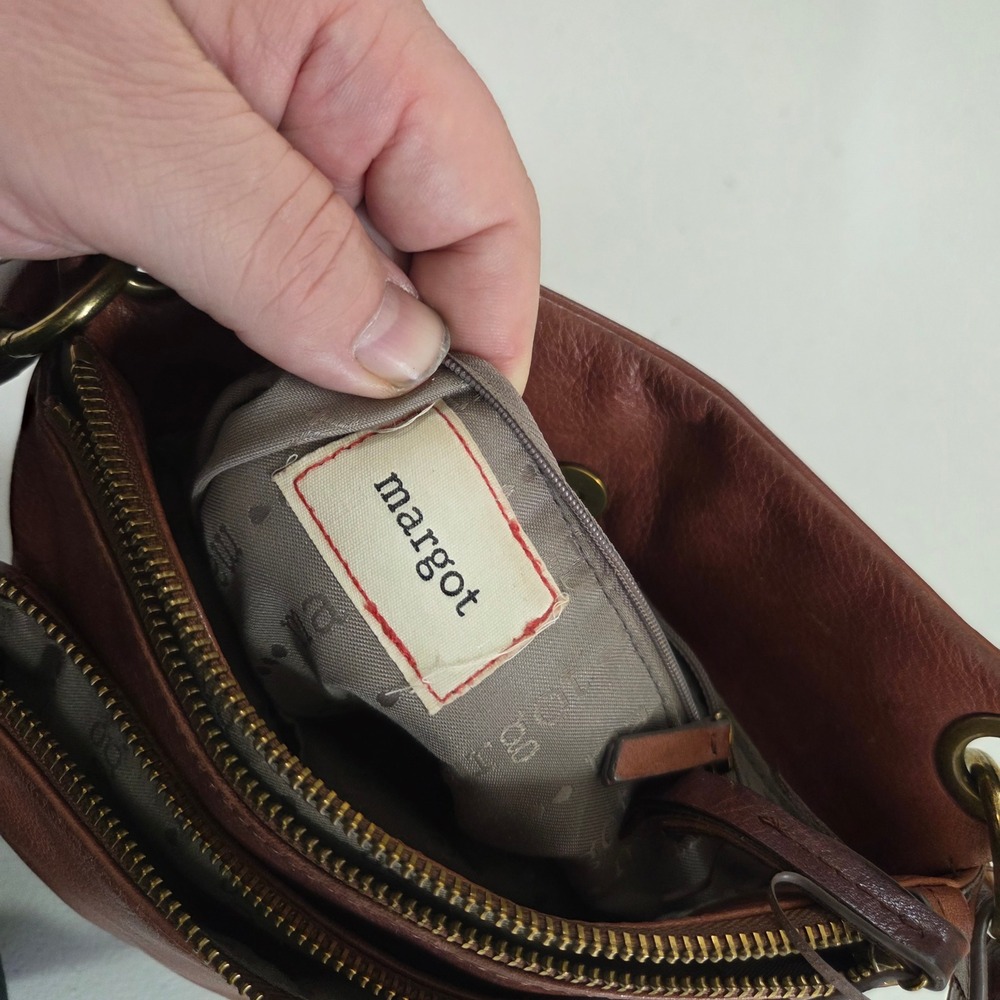 Margot New York Cognac Brown Genuine Leather Triple Zip Crossbody Bag Distressed - Picture 8 of 11